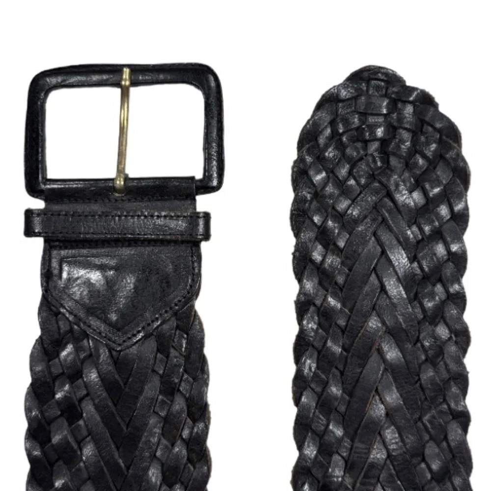 OMEGA | Vintage Wide Black Leather Braided Cinch Belt Boho Western Coastal Beach